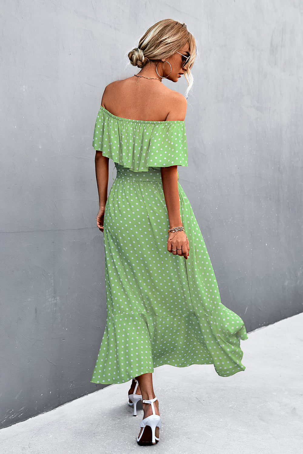 Polka Dot Layered Off-Shoulder Belted Dress