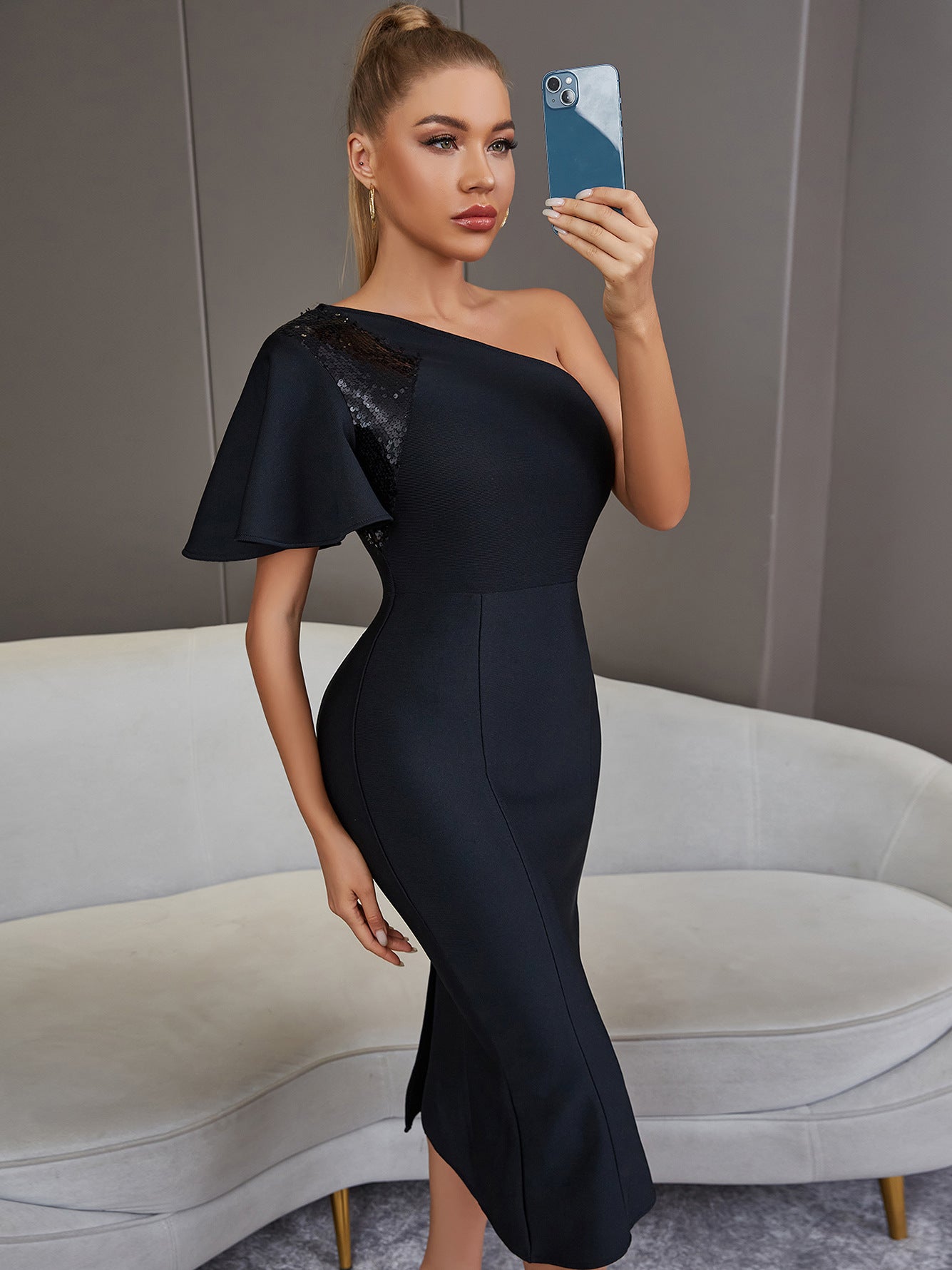 Sequin One-Shoulder Flutter Sleeve Bodycon Dress