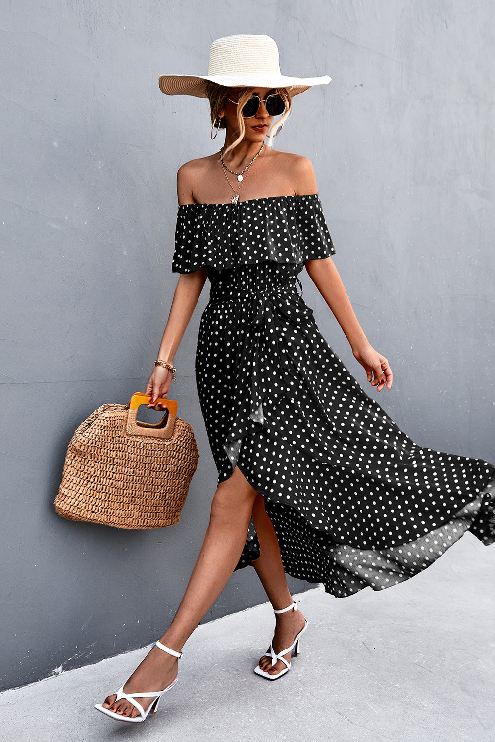 Polka Dot Layered Off-Shoulder Belted Dress