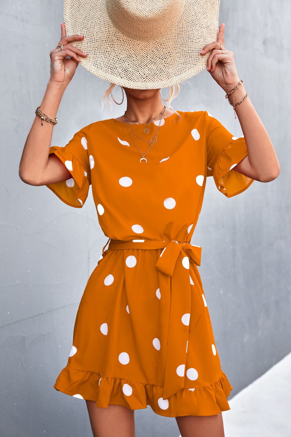 Large Scale Polka Dot Tie-Waist Ruffle Hem Dress