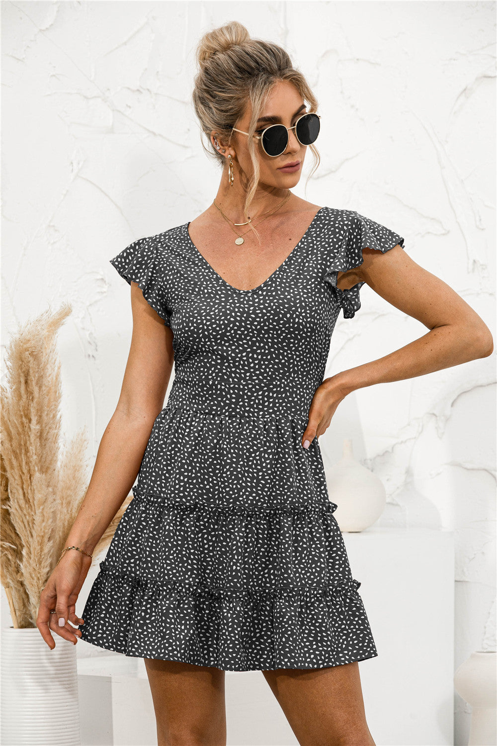 Frill Trim Layered Hem V-neck Dress