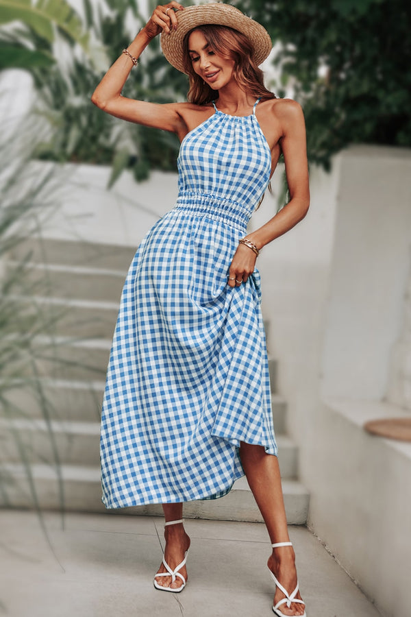 Plaid Smocked Tie Back Sleeveless Midi Dress