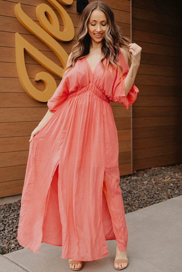 Cold-Shoulder Deep V Slit Maxi Dress