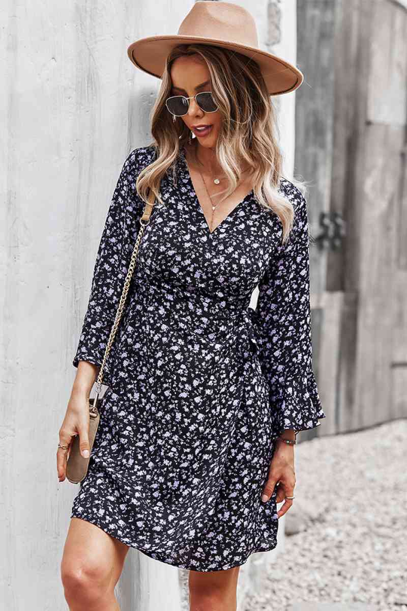 Floral Flare Sleeve Wrap Dress