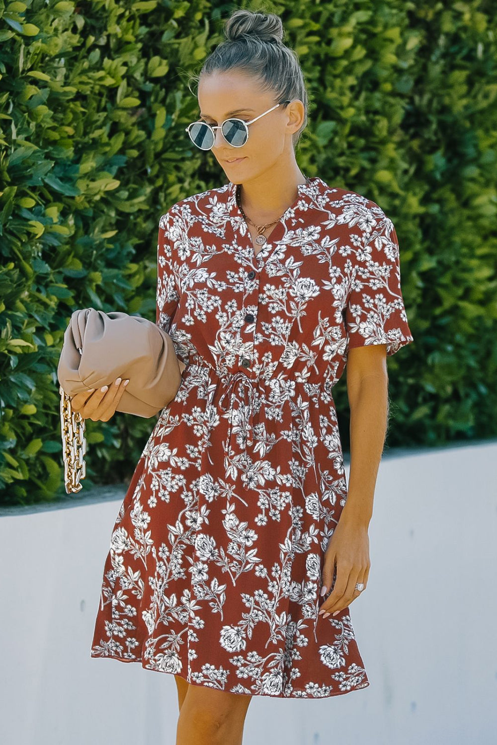 Floral V-Neck Short Sleeve Mini Dress