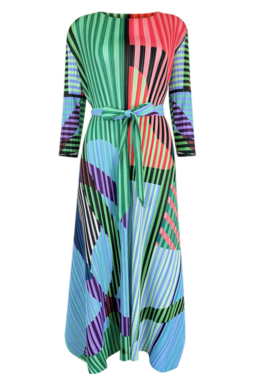 Mixed Print Accordion Pleated Belted Side Slit Dress
