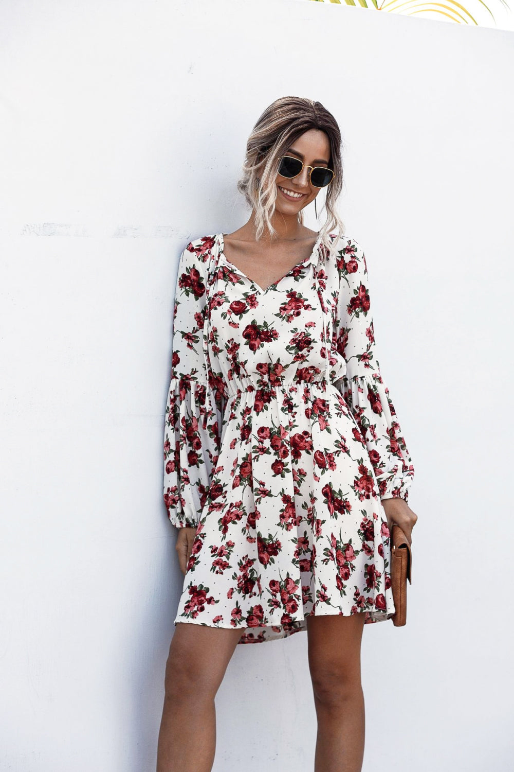 Floral Print Bishop Sleeve Tie-Neck Dress