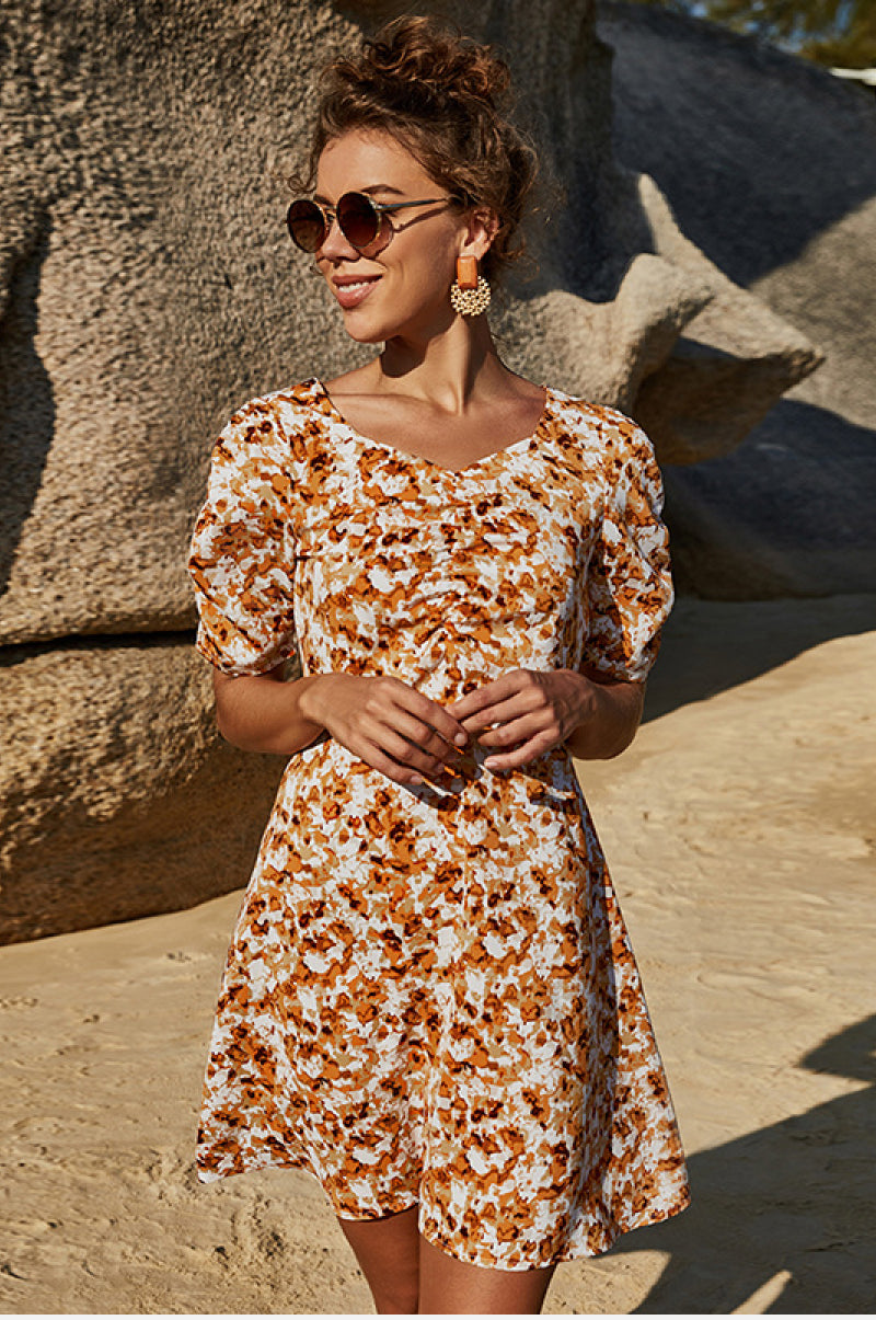 Floral V Neck Short Sleeve Dress