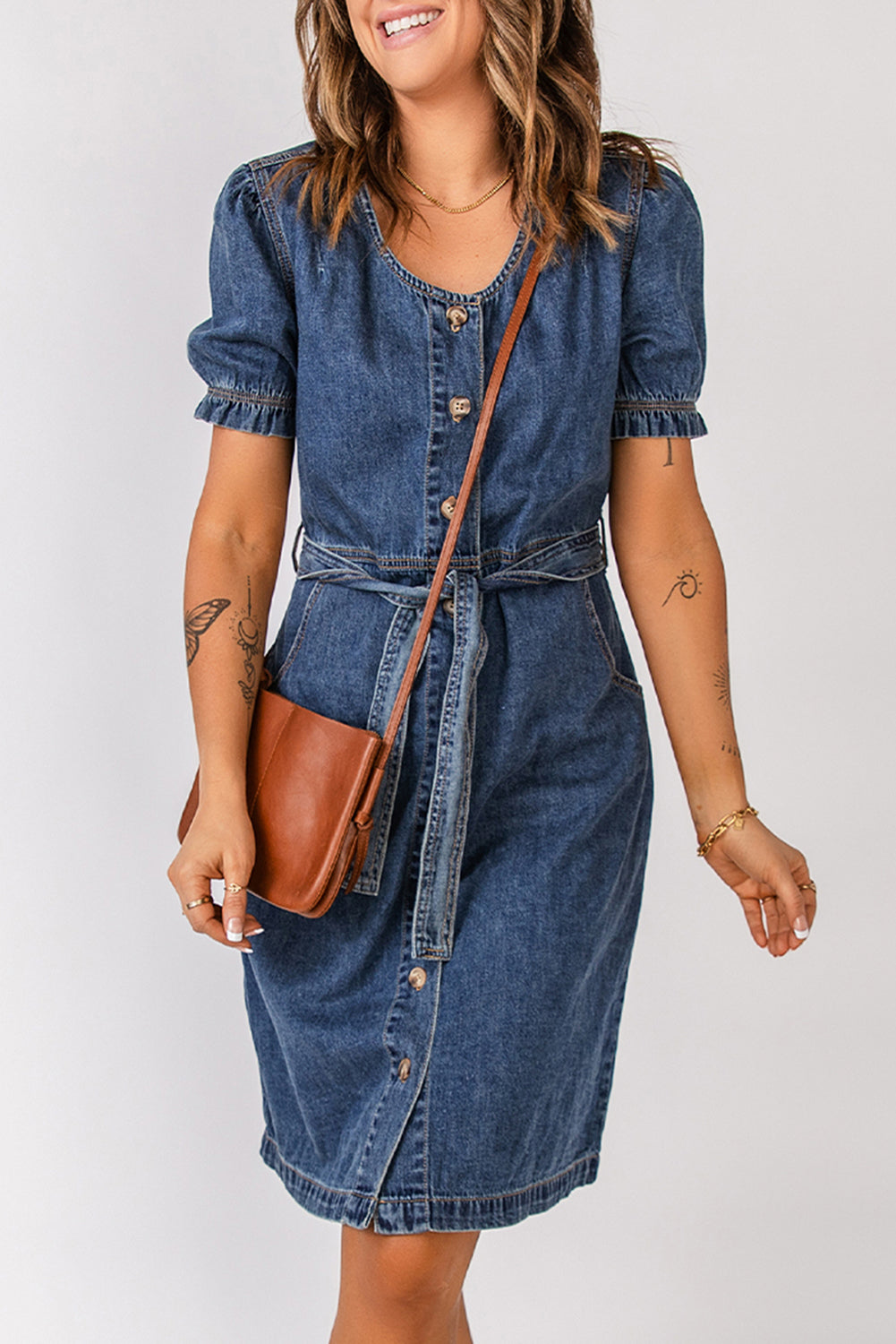 Button Front Tie-Waist Puff Sleeve Denim Dress