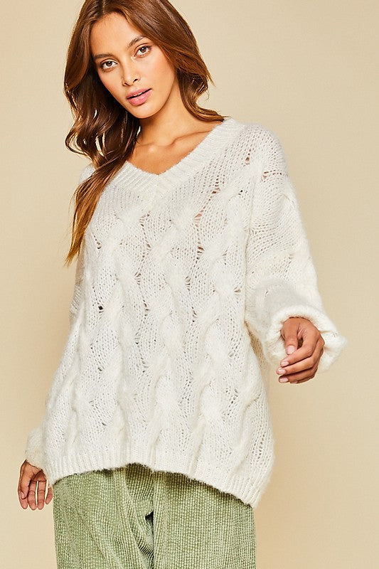 V-Neck Chunky Cable-Knit Sweater