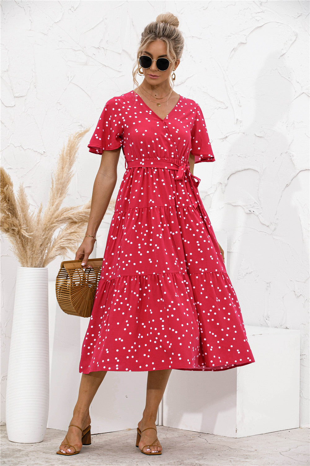 Polka Dot V Neck Belted Dress