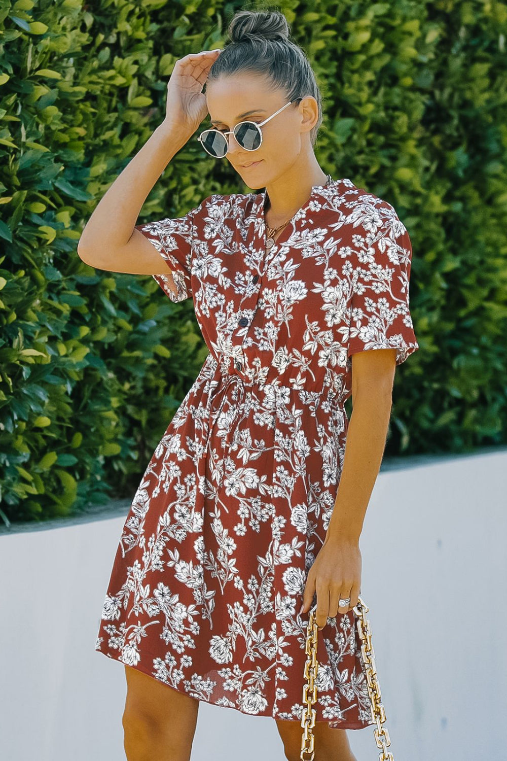 Floral V-Neck Short Sleeve Mini Dress