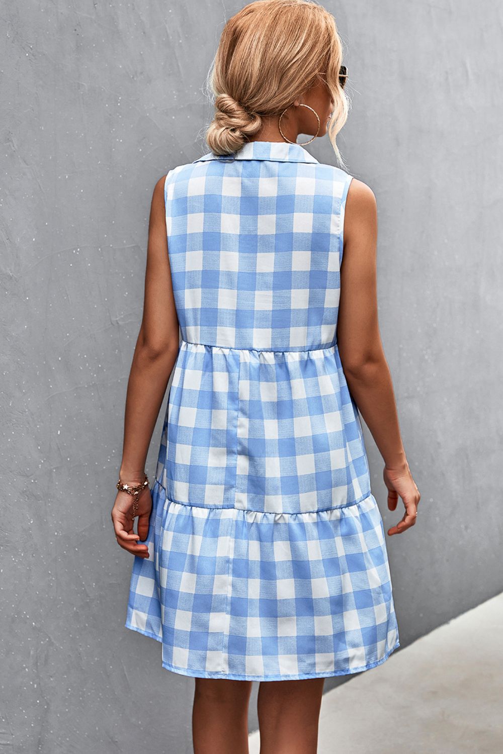 Plaid Tiered Sleeveless Johnny Collar Dress