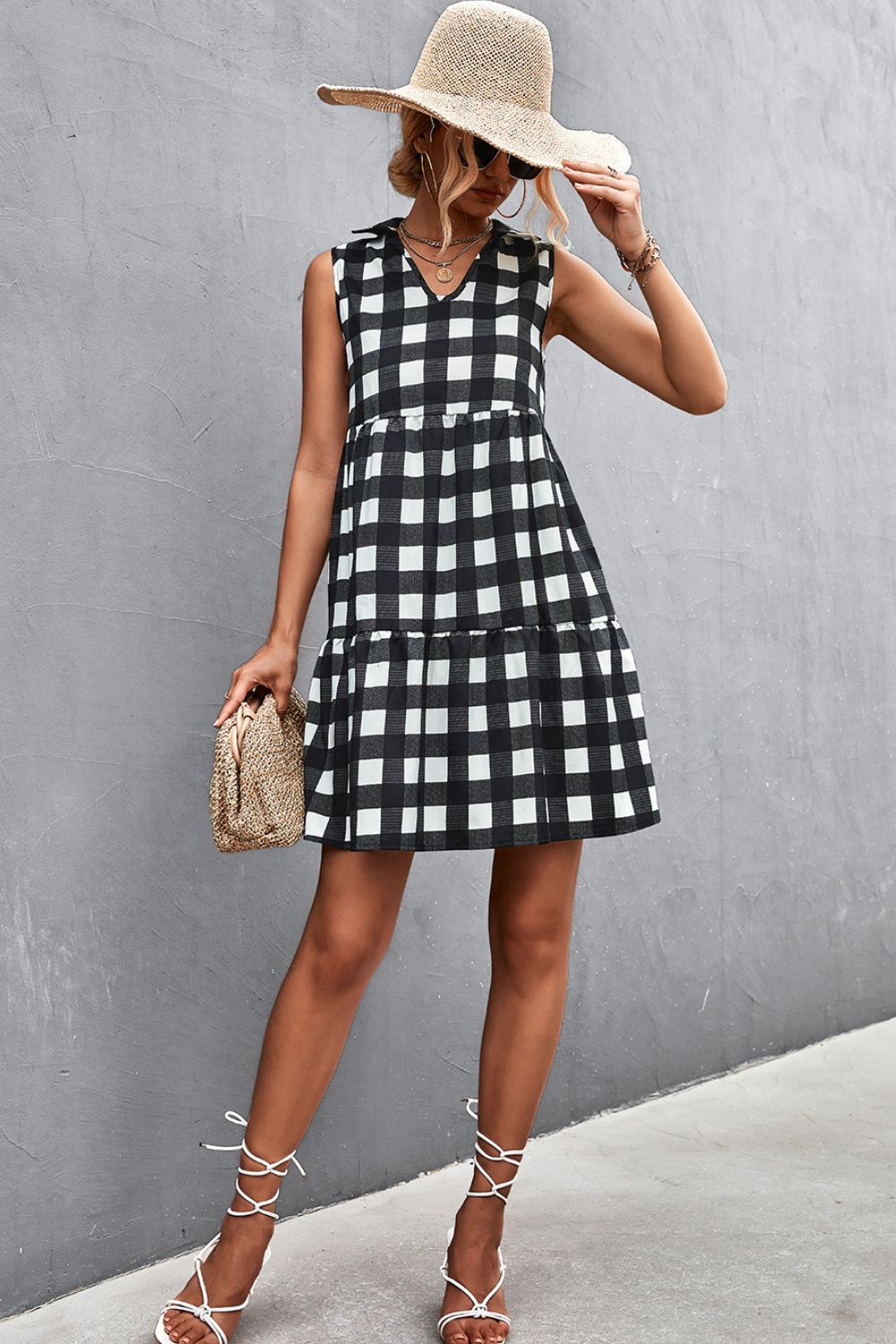 Plaid Tiered Sleeveless Johnny Collar Dress