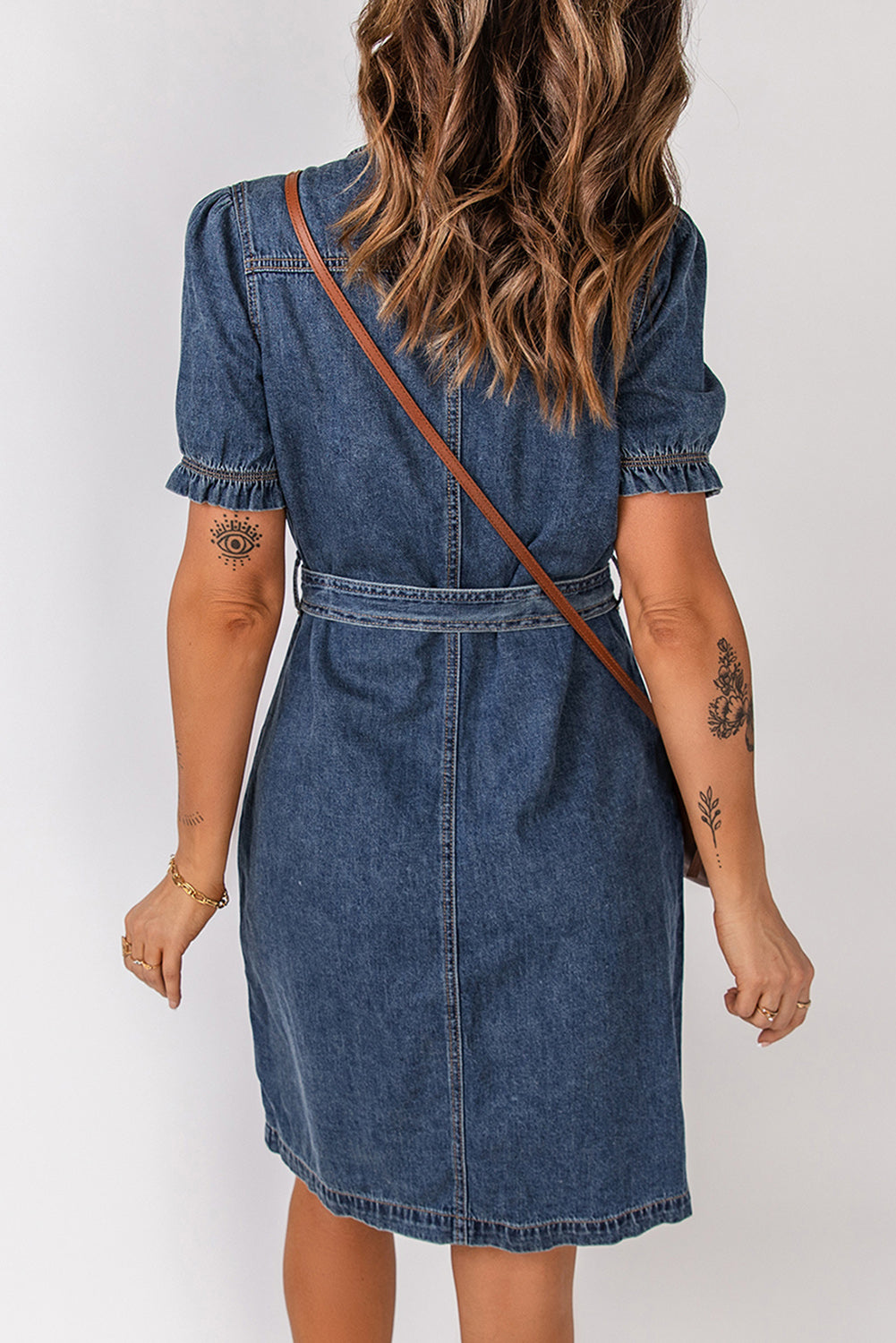 Button Front Tie-Waist Puff Sleeve Denim Dress