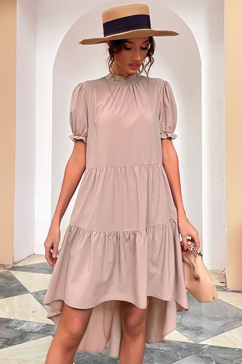 Short Puff Sleeve High-Low Tiered Dress