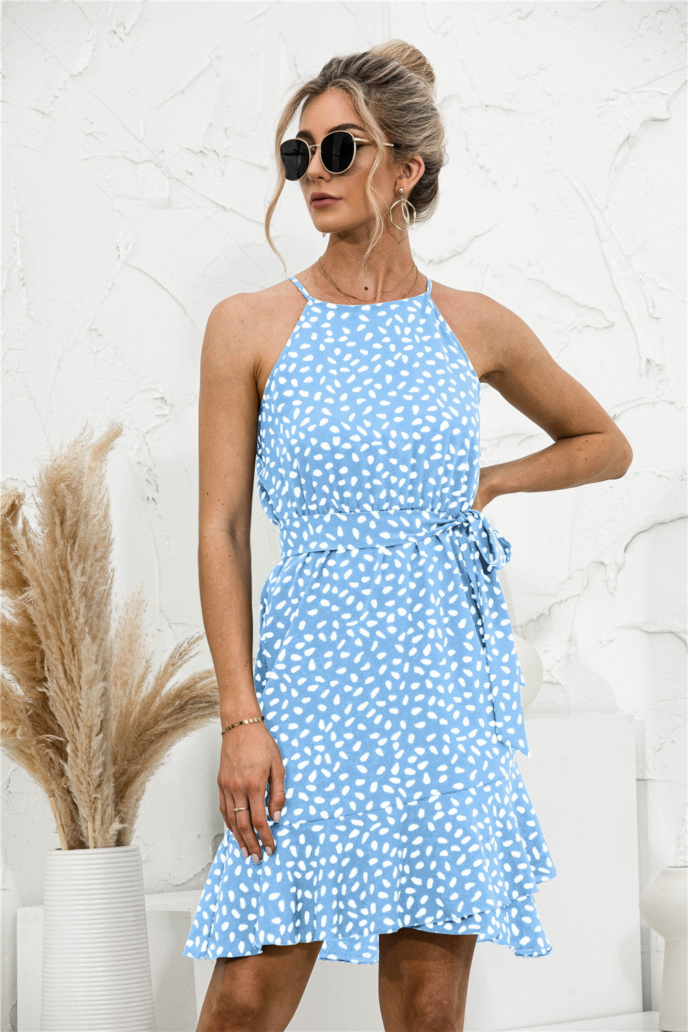 Polka Dot Halter Ruffle Hem Dress