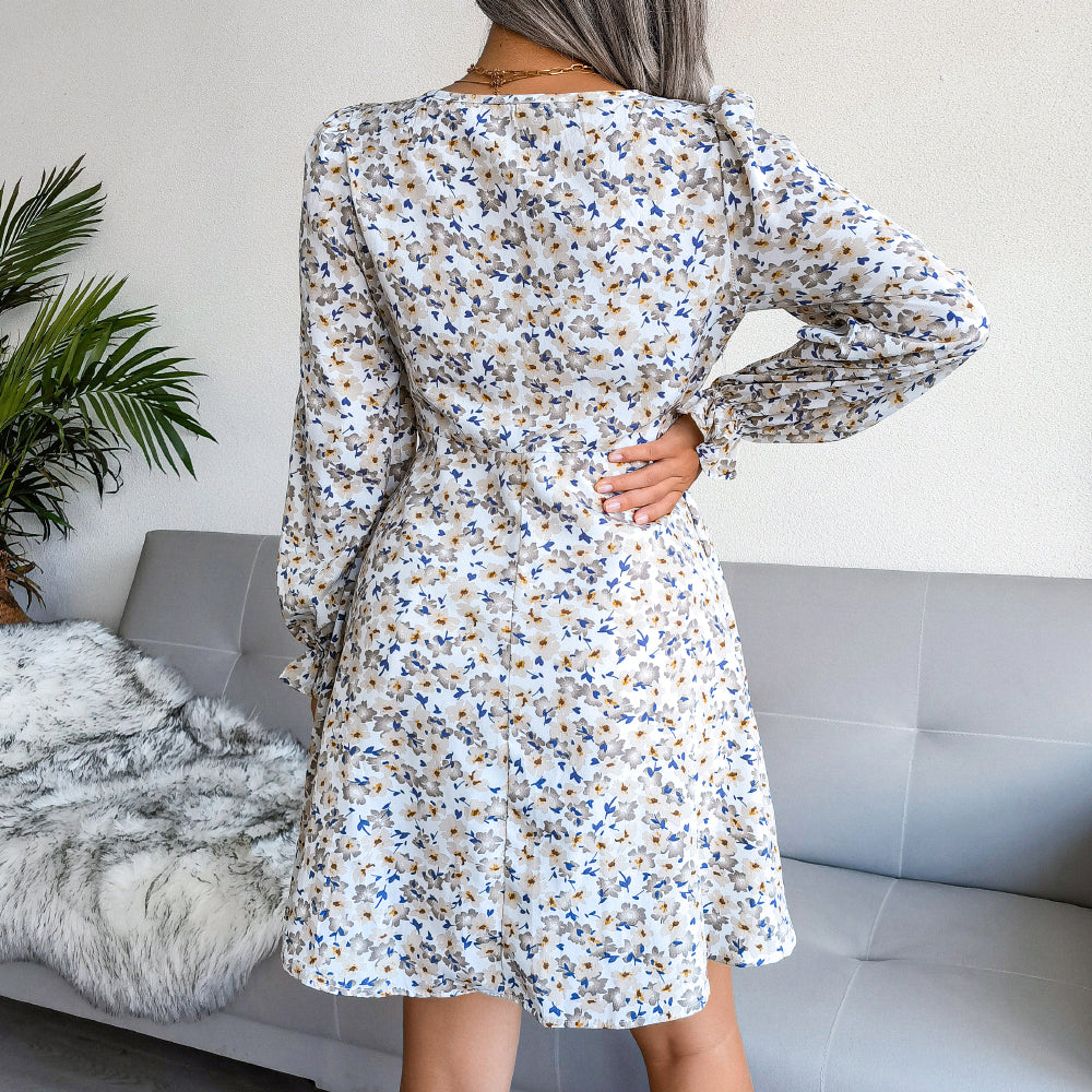 Floral Bow Detail Flared Sleeve Mini Dress