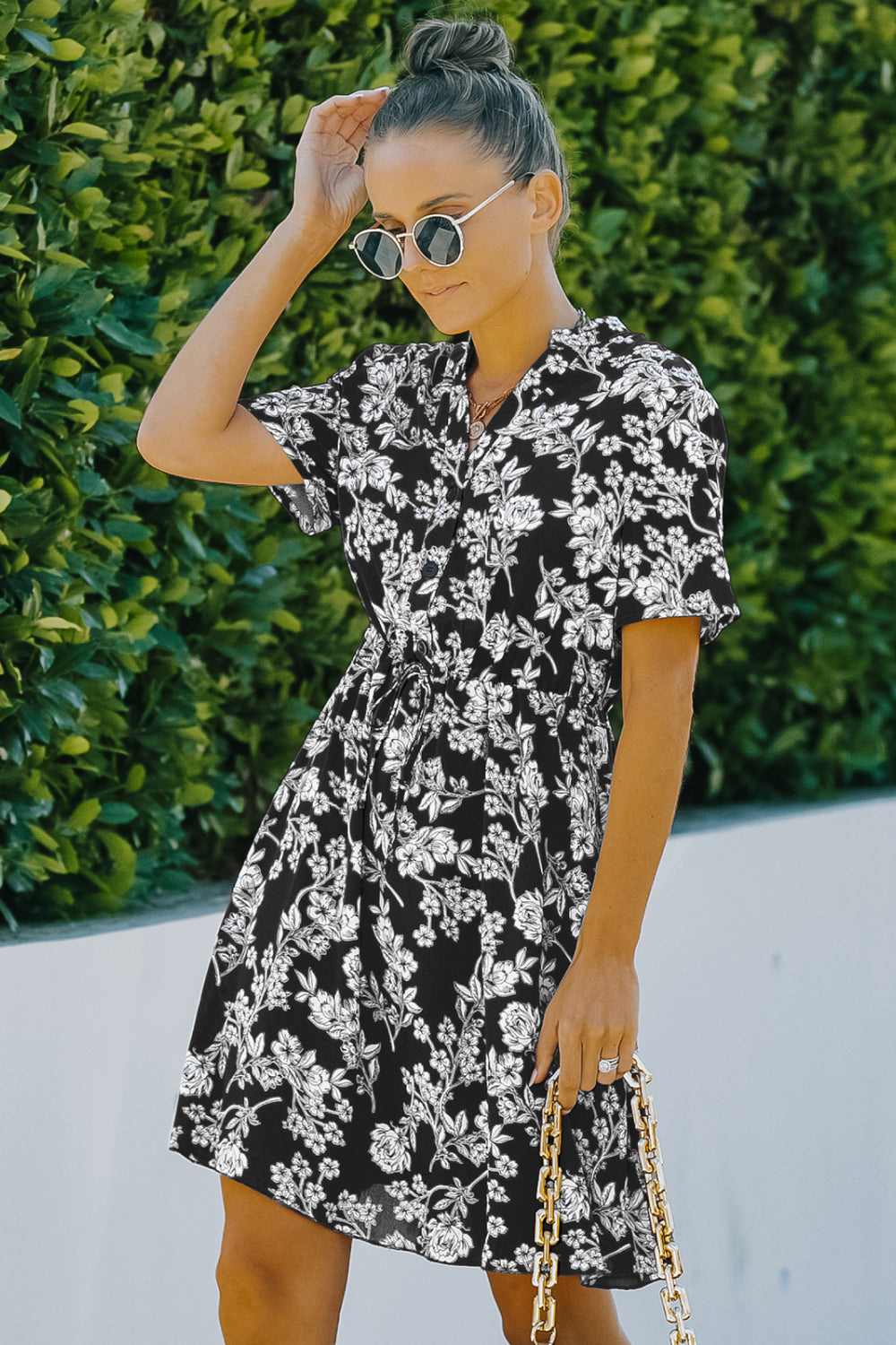 Floral V-Neck Short Sleeve Mini Dress