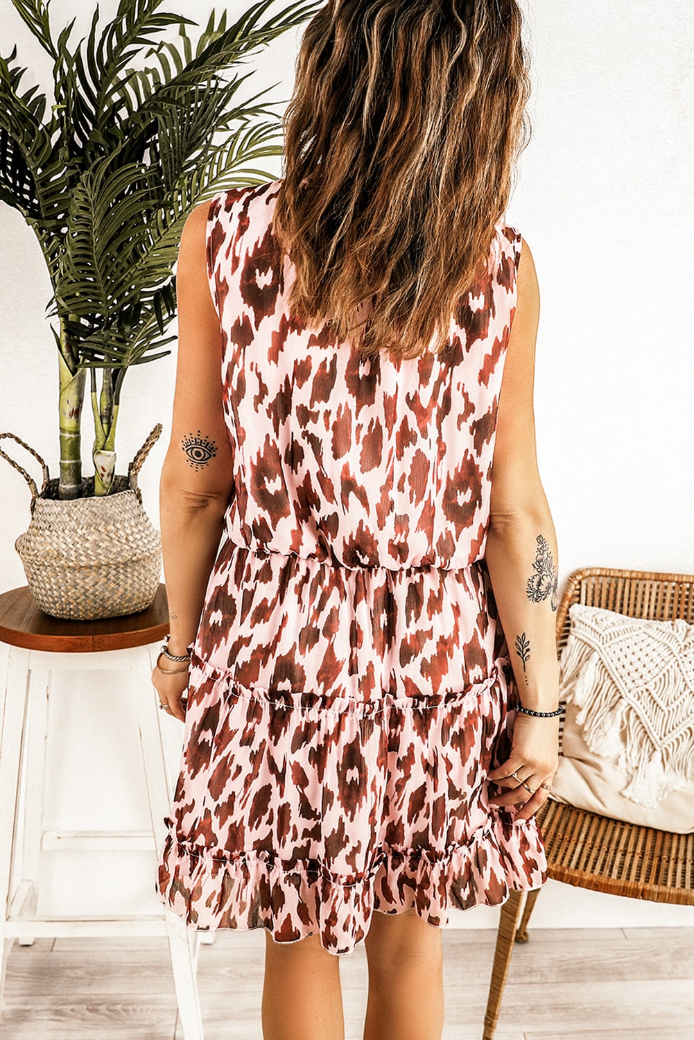 Leopard Tie Neck Frill Trim Tiered Dress