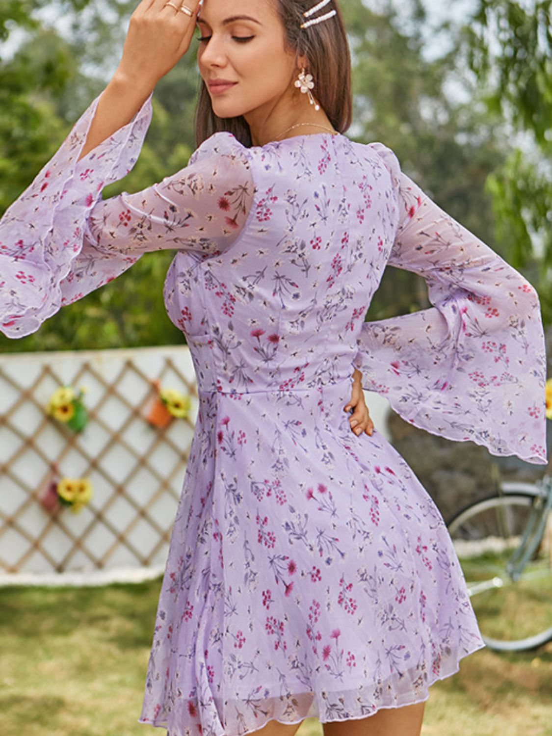 Floral Plunge Flare Sleeve Dress