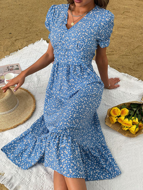 Ditsy Floral Ruffle Hem Puff Sleeve Dress