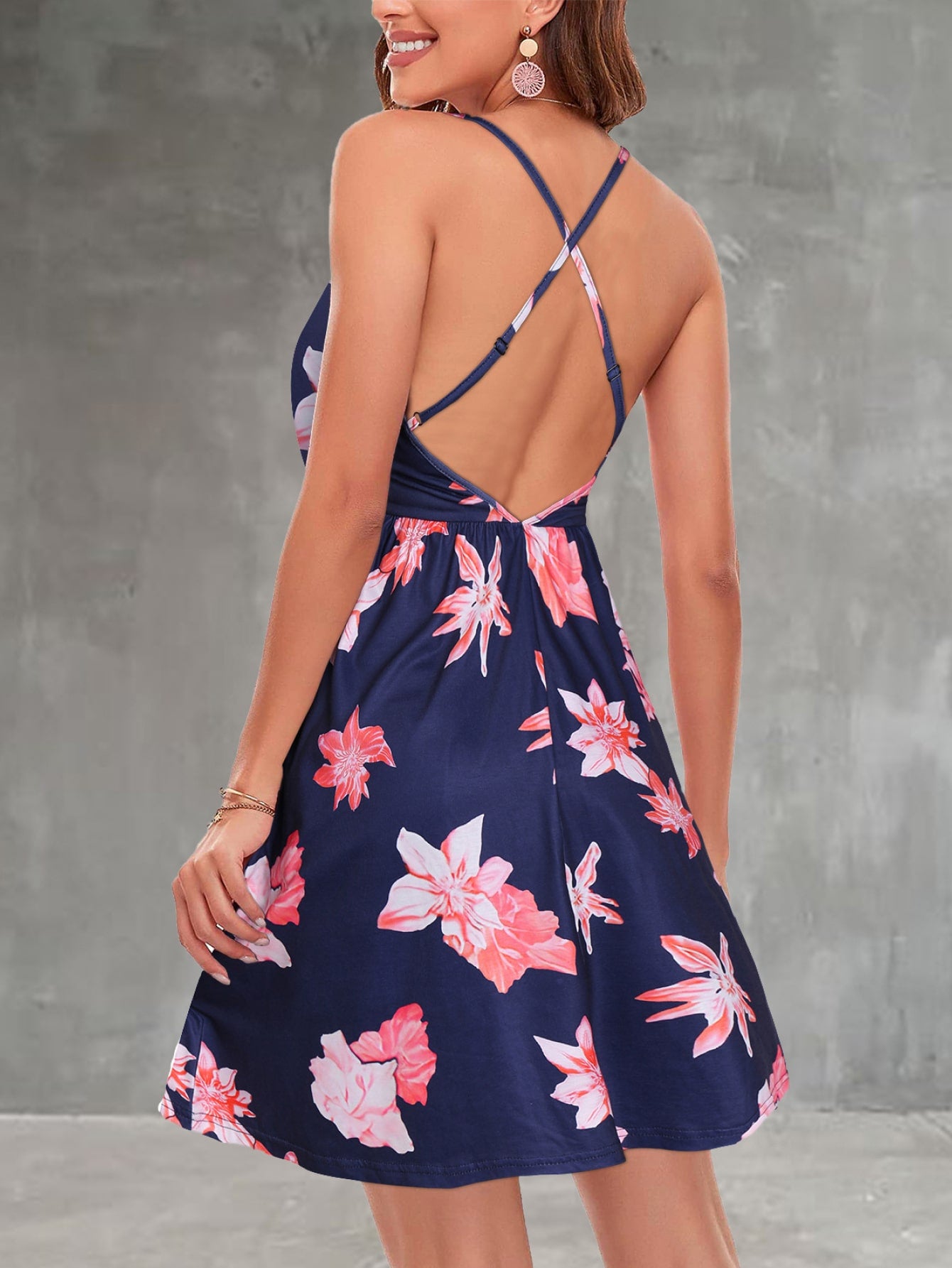 Floral Surplice Backless Dress