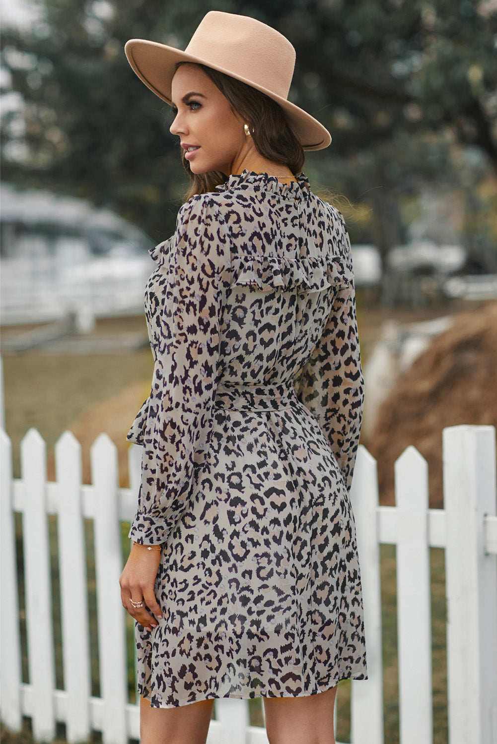 Leopard Ruffled Zipper Lantern Sleeve Dress