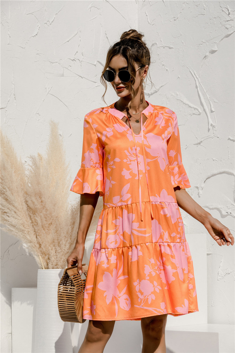 Printed Flare Sleeve Tiered Dress