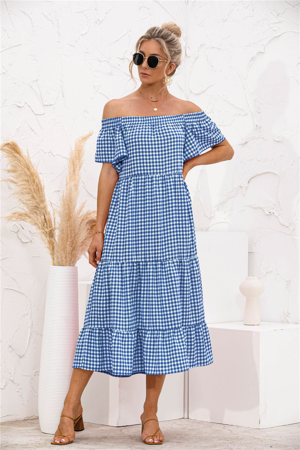 Plaid Off Shoulder Tiered Dress