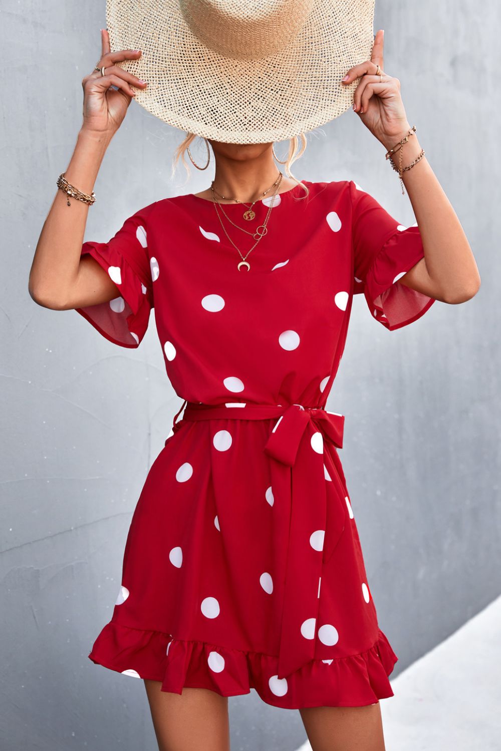 Large Scale Polka Dot Tie-Waist Ruffle Hem Dress